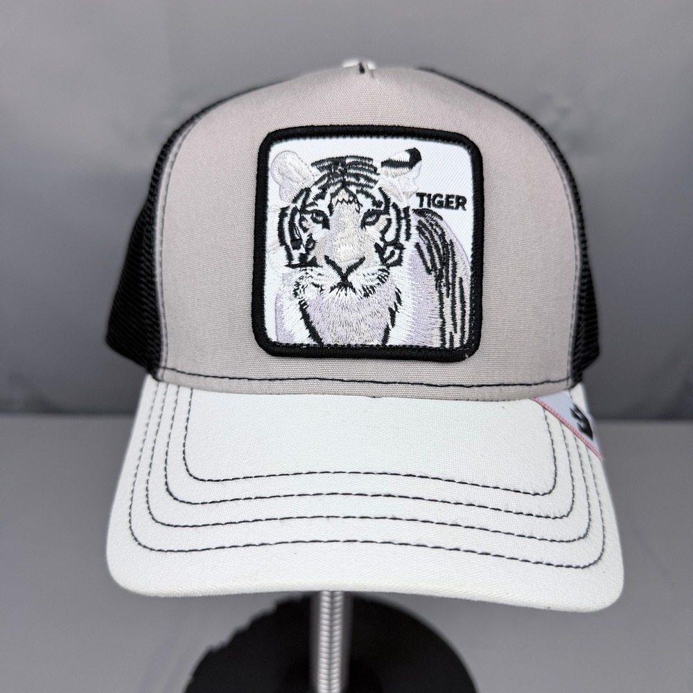 Goorin Bros The Farm Tiger Trucker Hat Grey White Black Mesh Snapback Cap